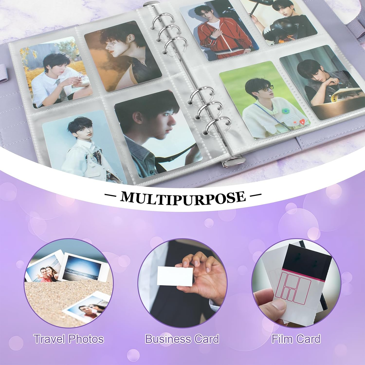 A5 Kpop Photocard Binder Album with 200 Card Slots, PU Leather Cover with Magnetic Buckle Closure for Organizing Trading Cards (Purple) - Black image number 3
