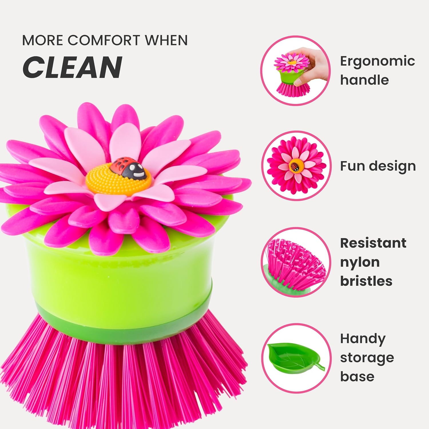 VIGAR Flower Power Palm Dish Brush with Holder, Pink (2 Pieces) image number 6