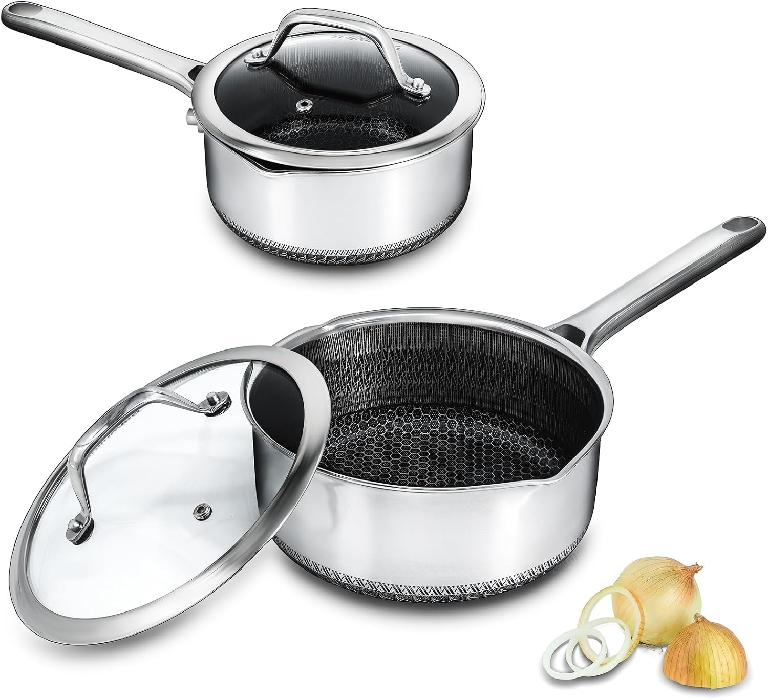 Bakoniion Hybrid Nonstick Saucepan Set of 2 with Lids 16Cm and 20Cm, Stainless Steel Honeycomb Pans with Side Pour Spouts,Compatible with All Cooktops,Dishwasher and Oven Safe image number 1