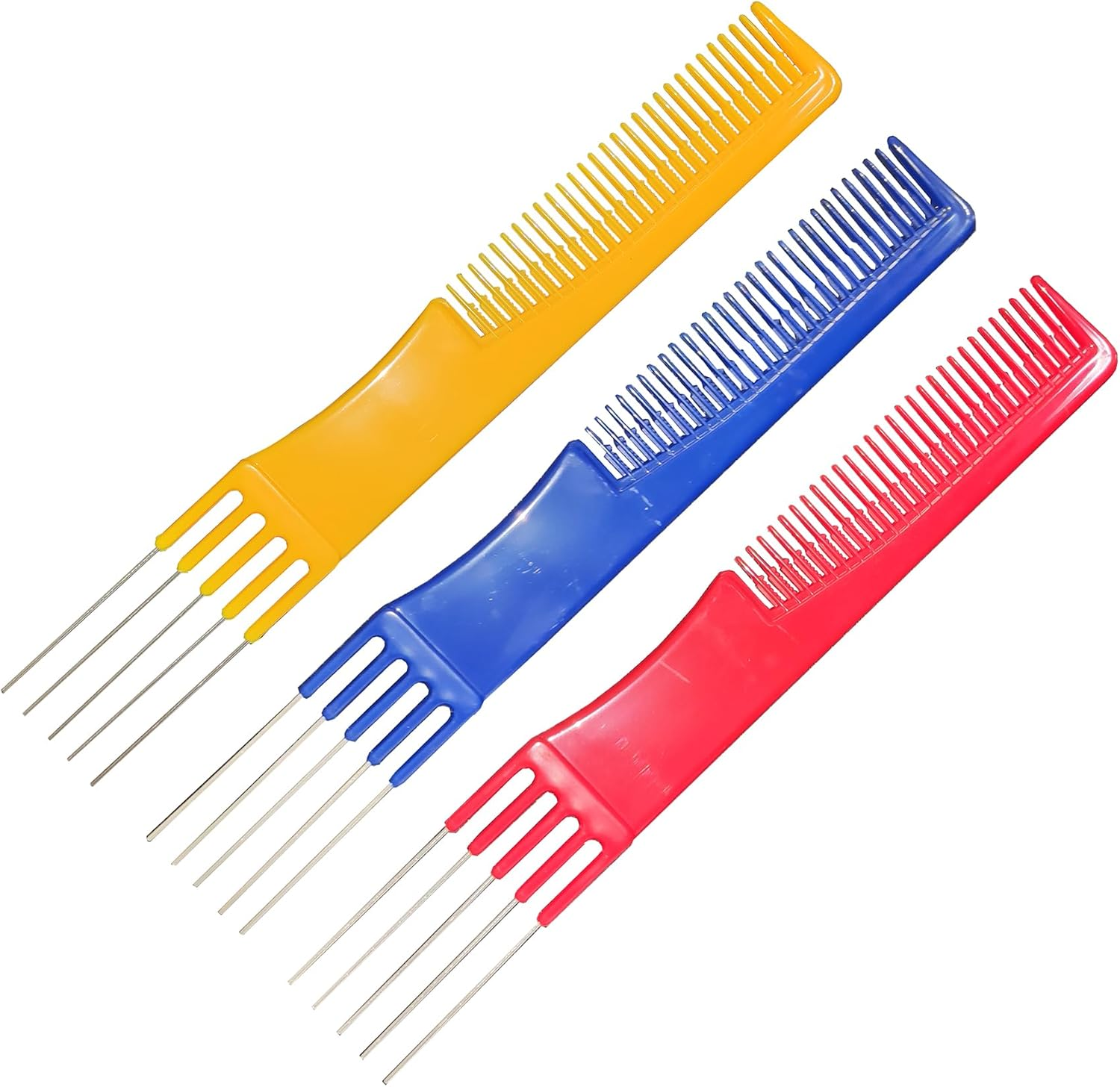 Beautifultracy 3 Packs Teasing Comb with Metal Pick Combs for Women Hair Pick Comb for Hair Styling (Blue, Red and Yellow) image number 2