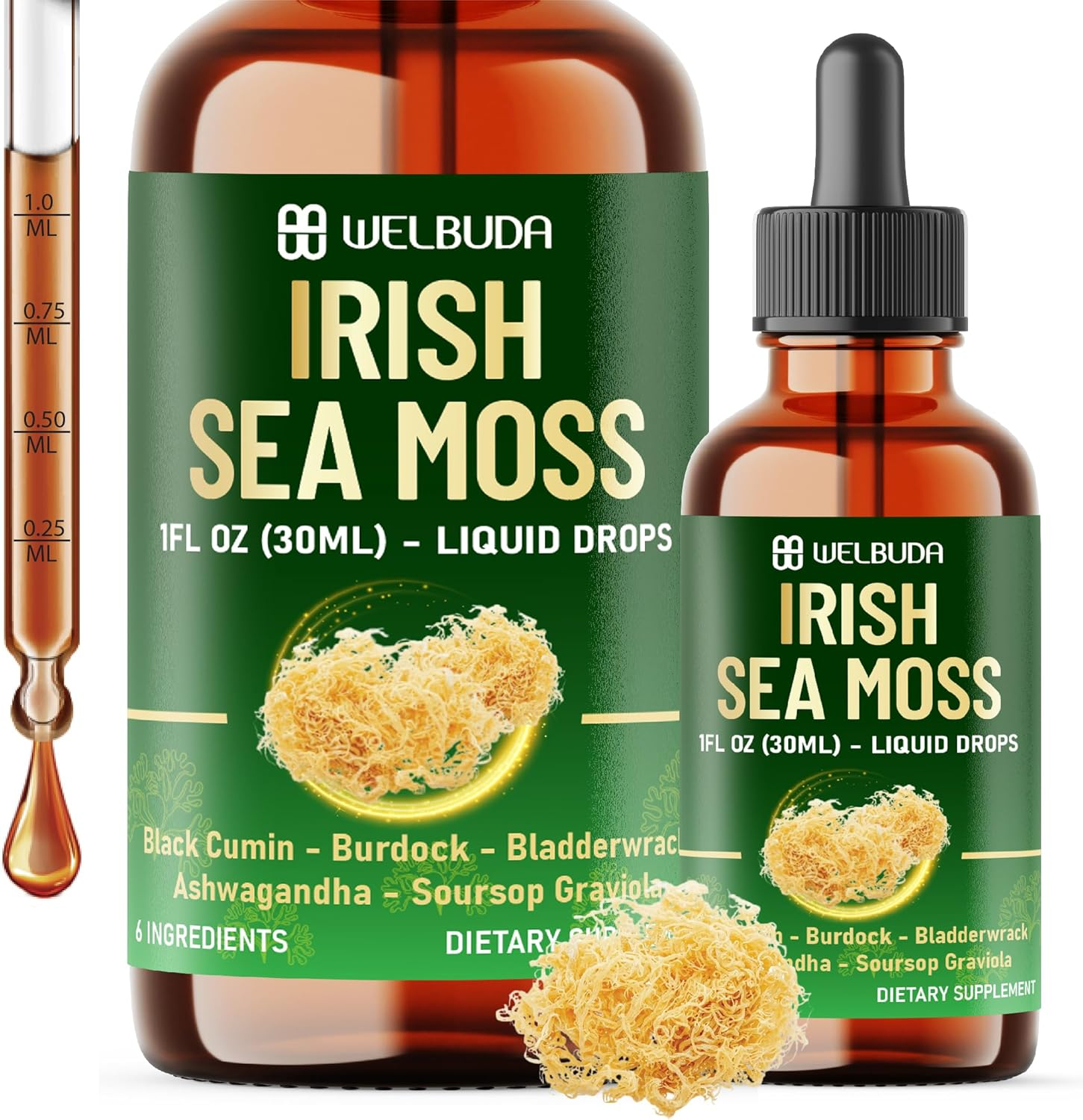 6In1 Sea Moss Liquid Supplement Combine Irish Sea Moss, Black Cumin, Burdock Root, Bladderwrack, Ashwagandha and Soursop Leaves to Support Skin & Hair Health - 1 FL Oz - 30 Servings image number 2