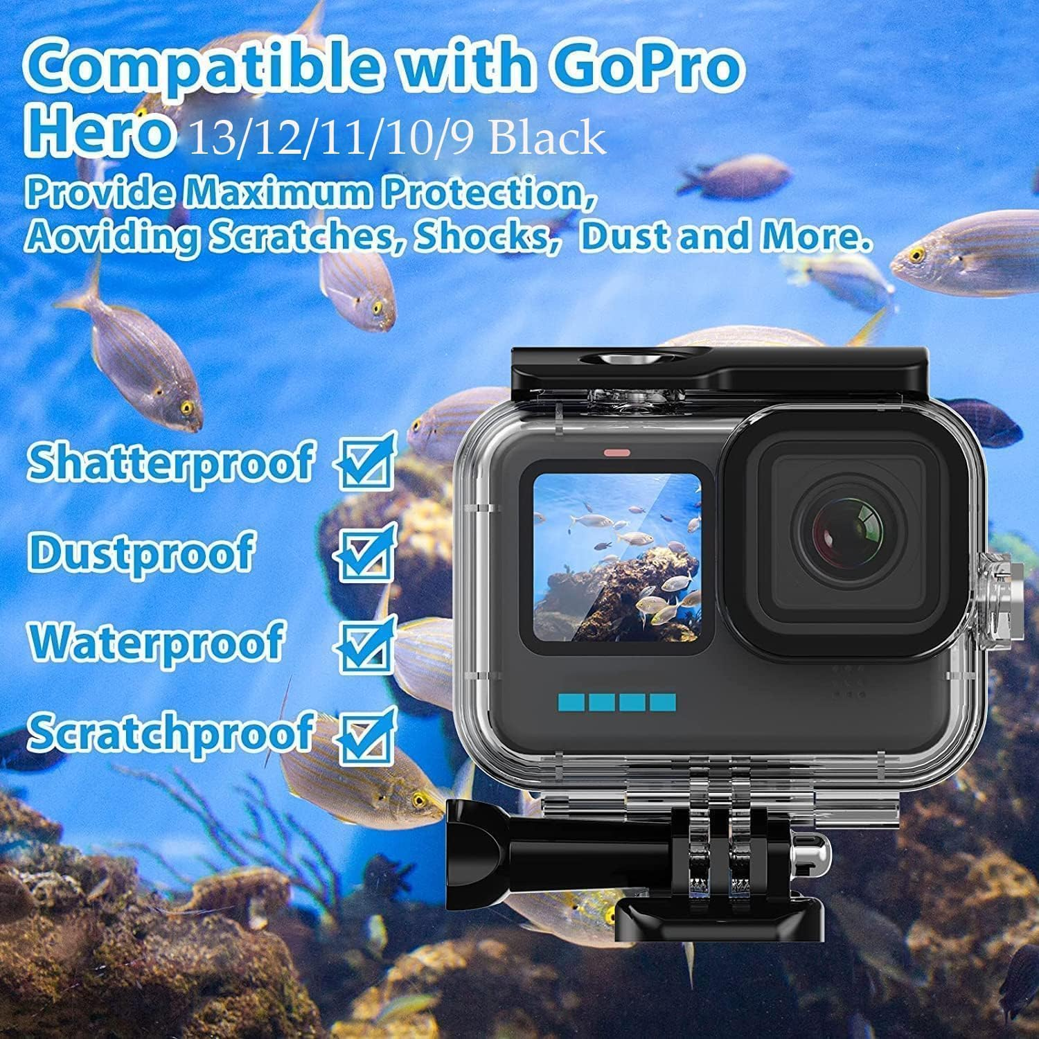 Zarmanuae 196FT/60M Underwater Waterproof Case Accessories Kit for Gopro Hero 13 12 11 10 9 Black, Protective Housing Dive Kit with Float Handle Silicone Sleeve Lens Cap Filters Anti-Fog Inserts image number 5