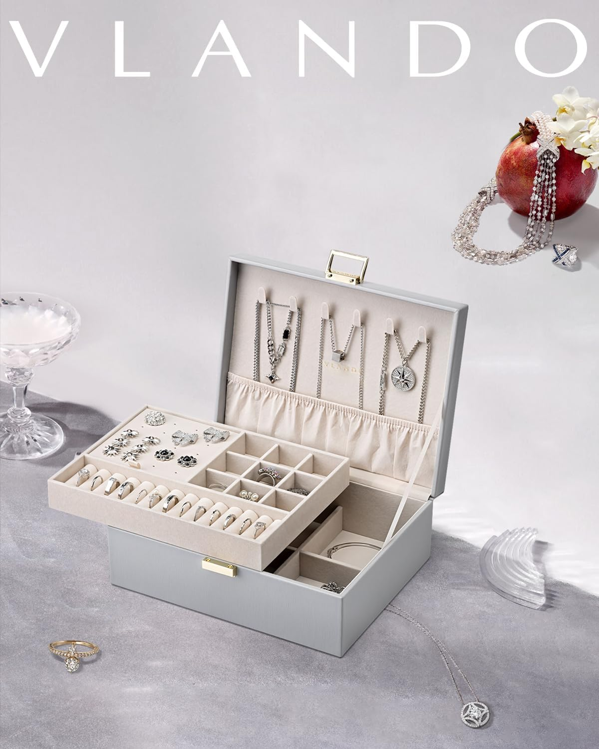 Vlando Jewellery Box, 2 Layers, Jewellery Storage Box, Large, Jewellery Box for Women, Girls, Removable Jewellery Tray for Rings, Earrings, Necklaces