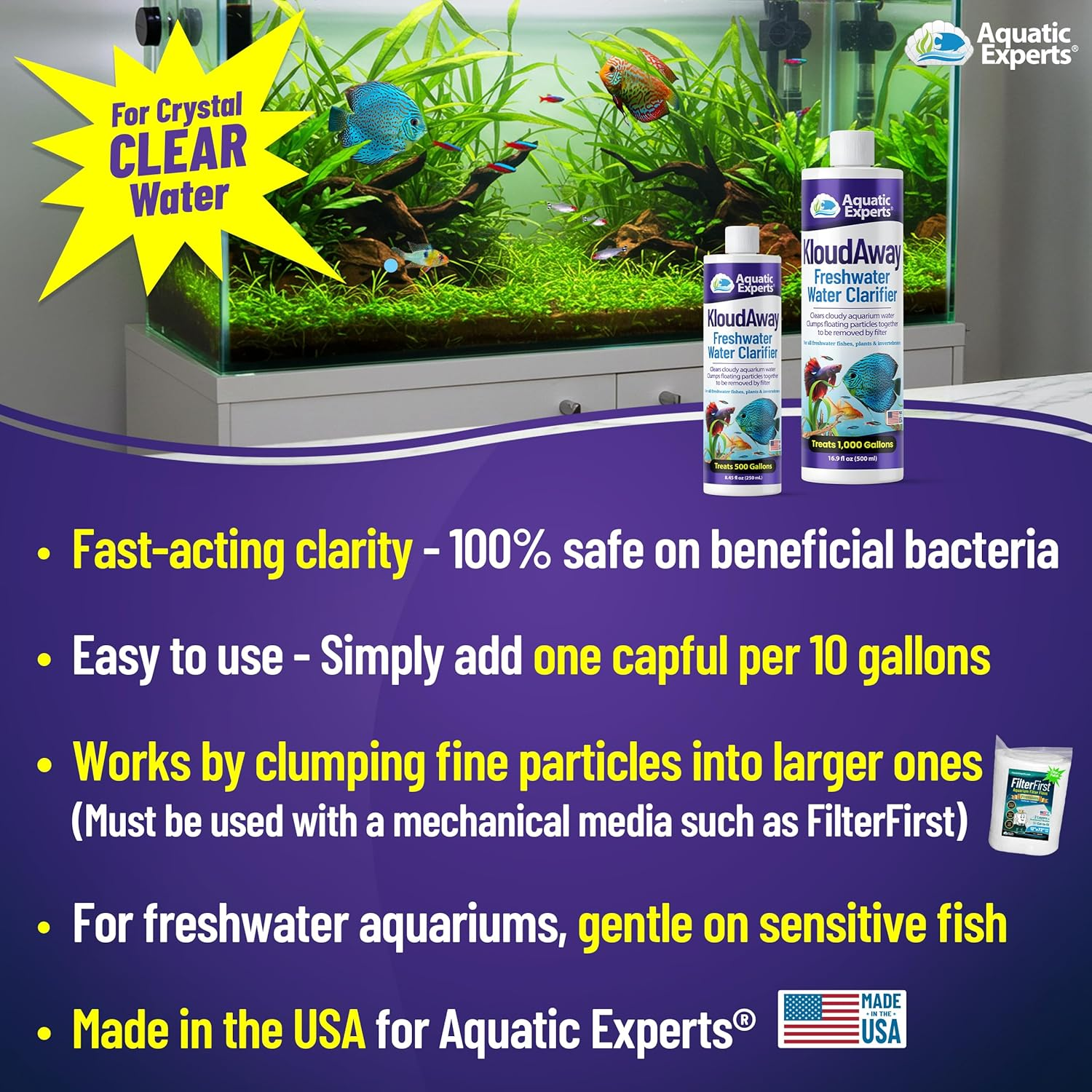 Kloudaway Freshwater Aquarium Water Clarifier - Clears Cloudy Water, Water Clarifier for Fish Tank, Made in USA (1 Pack) image number 2