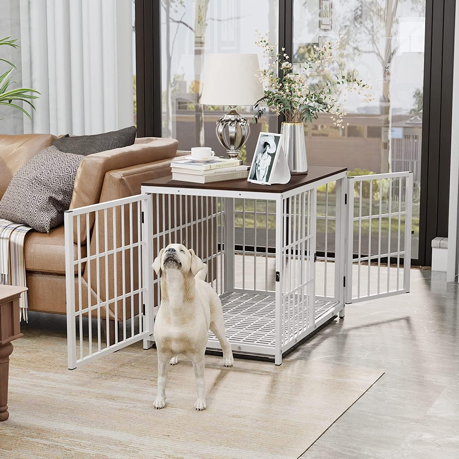 Heavy Duty Dog Crate Furniture: 84Inch Wooden Dog Crates End Table Kennel with 3 Doors and Removable Tray - Extra Large Puppy Indoor Training Playpen House Decorative Side Table Cage Rustic Brown image number 2