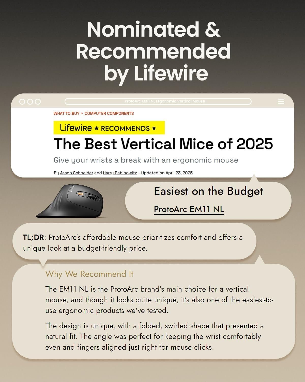 Protoarc Ergonomic Vertical Mouse, EM11 NL Bluetooth Rechargeable Mouse Wireless, Ergo Mouse with 3 Multi-Device for Pc/Notebook/Laptop, 2.4Ghz Optical Mouse for Windows, Mac OS Black image number 3