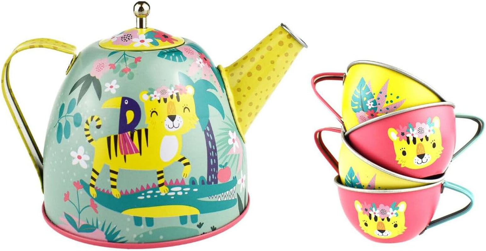 Kaper Kidz TIGER TIN TEA SET in Pink Picnic Basket 18-Piece Set: Perfect Pretend Play Tea Party Fun! image number 3