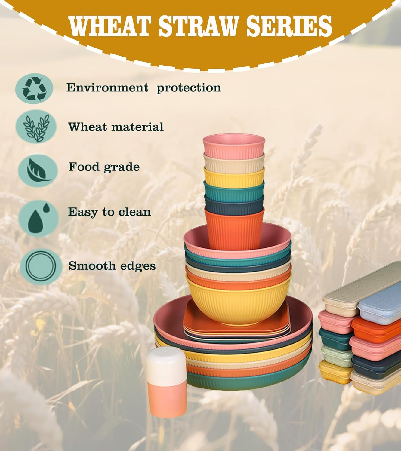 50 Pcs Wheat Straw Dinnerware Sets, Unbreakable Dishes Microwave Safe Dinnerware,Lightweight Reusable Bowls with Plates,Cups,Knives,Forks and Spoons Utensil Set for Camping (A Set of 6)