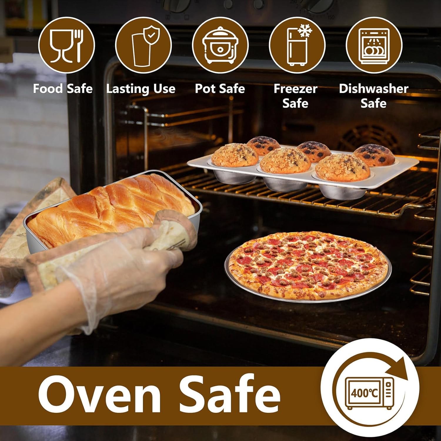 P&P Chef Stainless Steel Bakeware Set, 12-Piece Kitchen Baking Pans Set, Baking Sheet with Rack, Square Cake Pan with Lid, Lasagna Pan, Loaf Pan, Muffin Pan, Pizza Tray & 2 Covers, Easily Clean