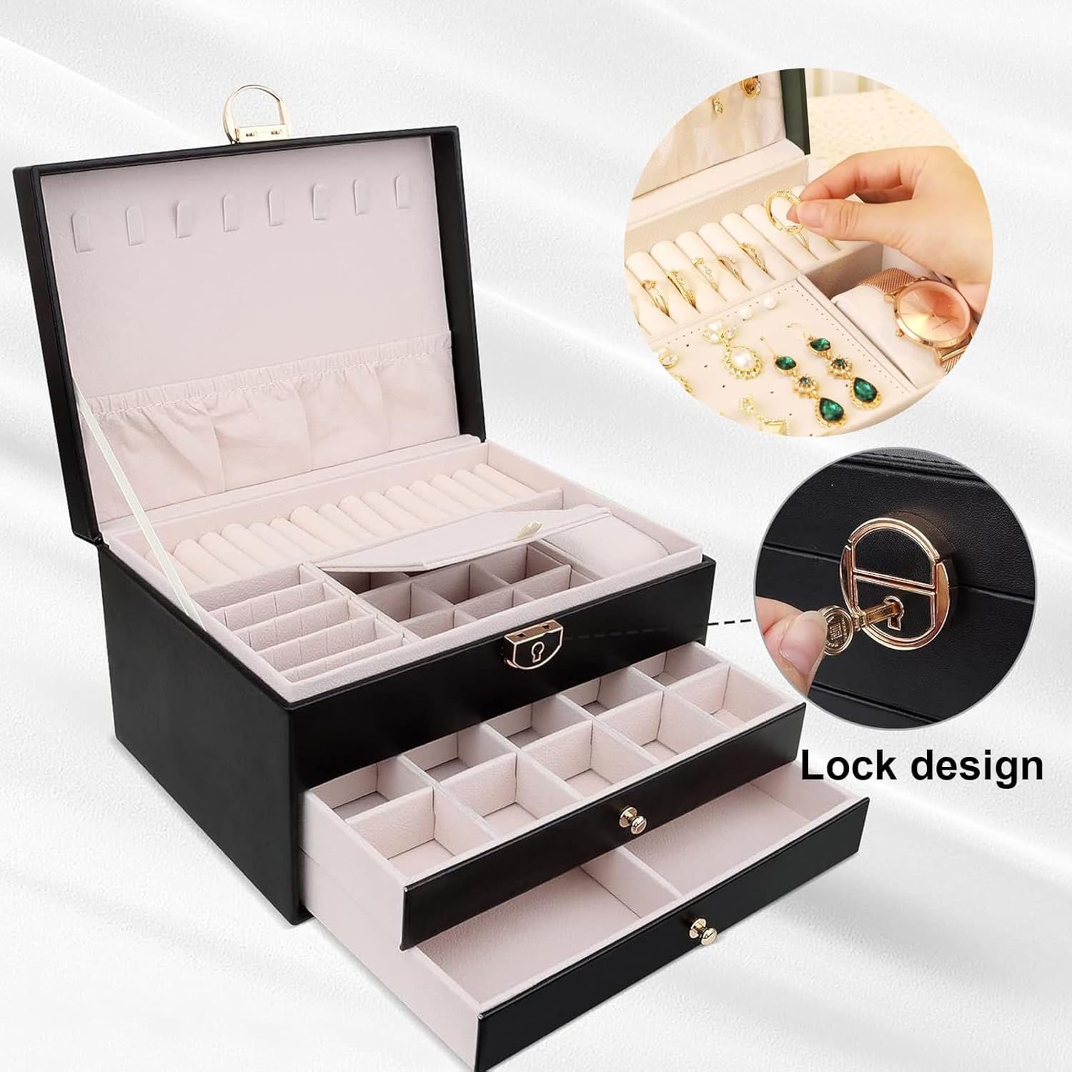 Jewelry Box for Women, Jewelry Organizer Box with Lock, 3-Layer (Black) image number 4