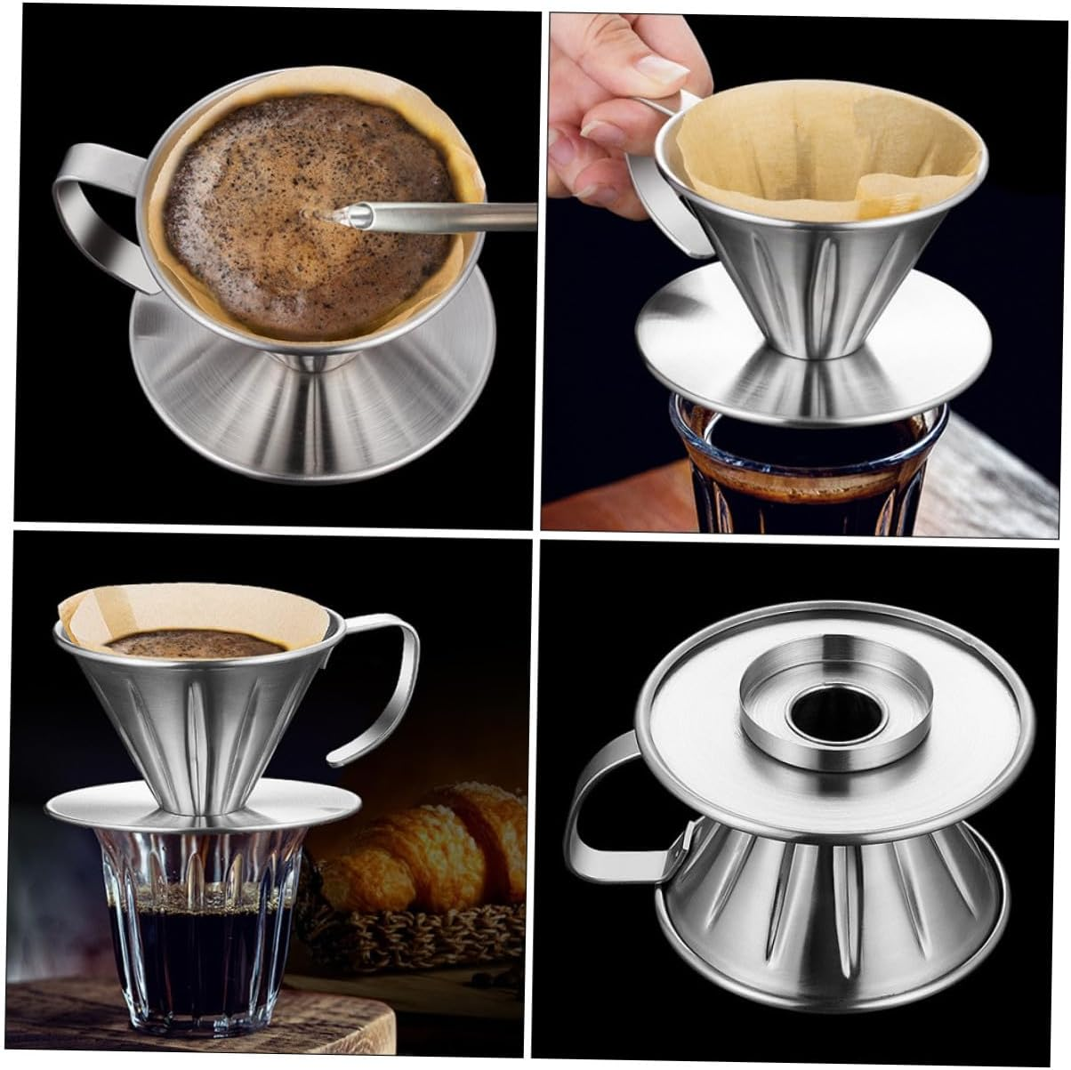 GAXIRE Stainless Steel Coffee Filter and Tea Strainer Reusable Drip Funnel with Handle and Base for Home Brewing image number 6