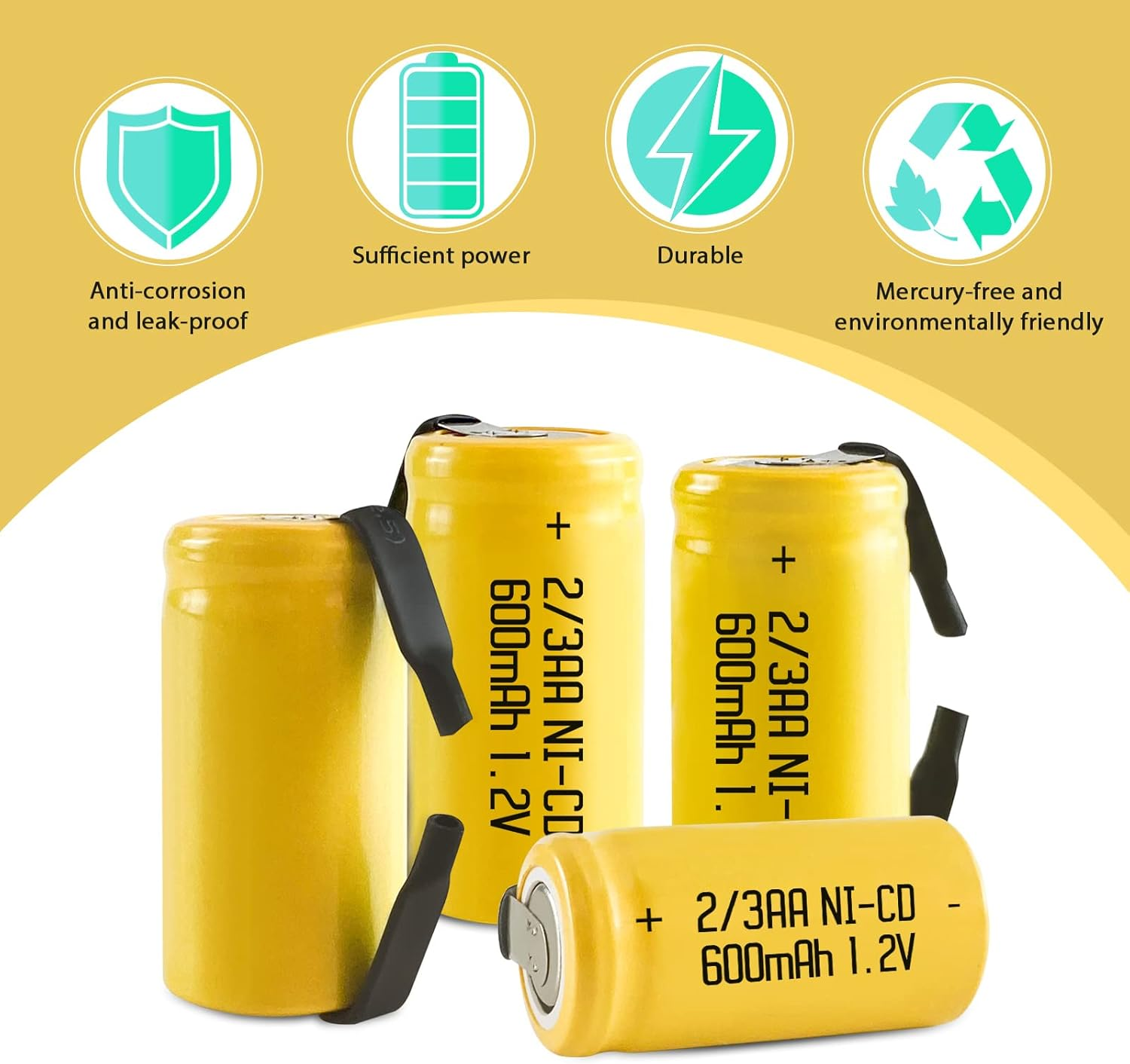 JINTION 2/3 AA Rechargeable AA Ni-Cd 1.2V 2/3AA 600Mah Battery Rechargeable 2/3AA Batteries - 6 Pack(28 * 14Mm) image number 3