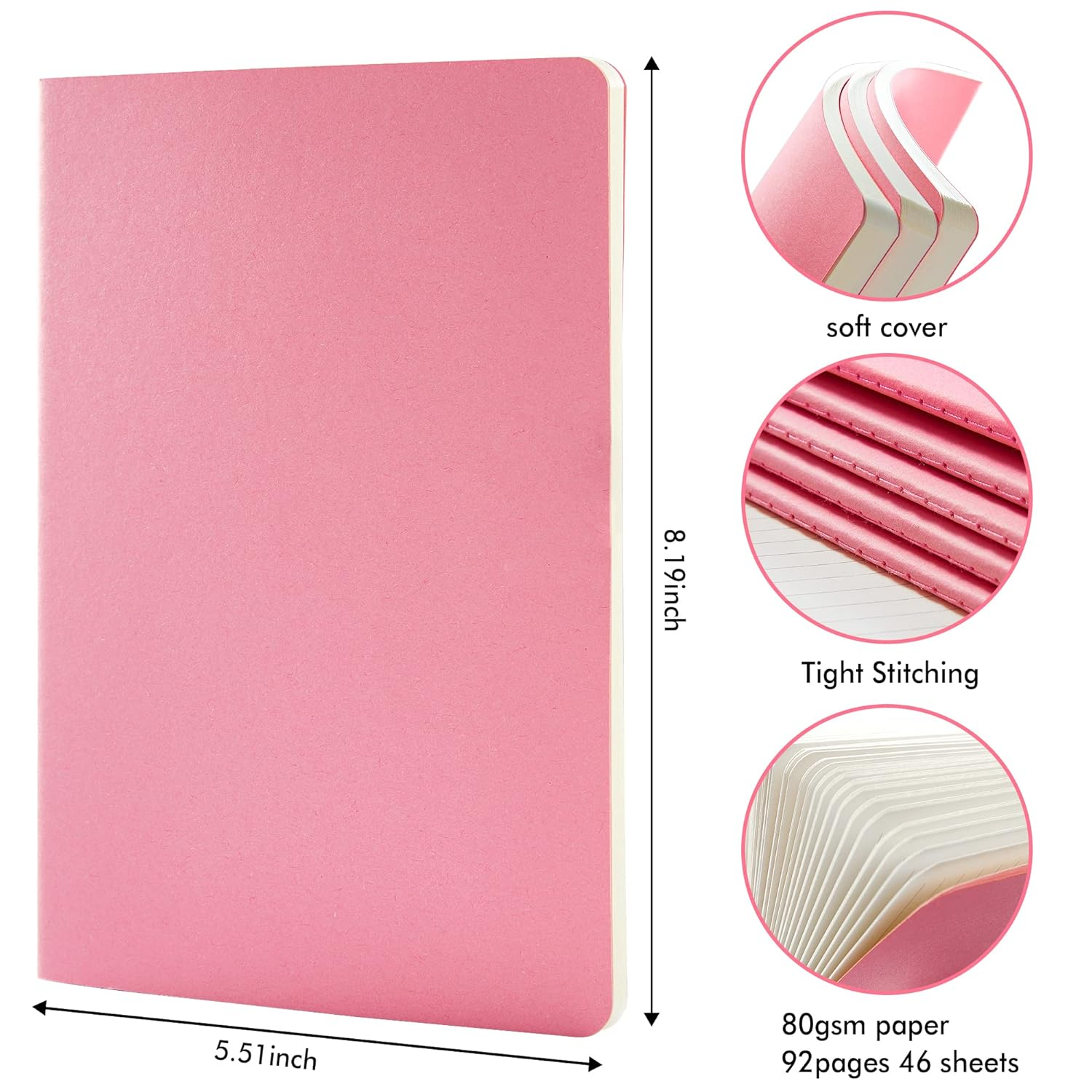 Feela Soft Cover Notebook Bulk, 8 Pack College Ruled Notebooks for Work Studay, Lined Travel Journal for Women Men, Note Taking Notebook School Supplies Business Writing, 8.2&rdquo; X 5.5&rdquo;, A5, Pink