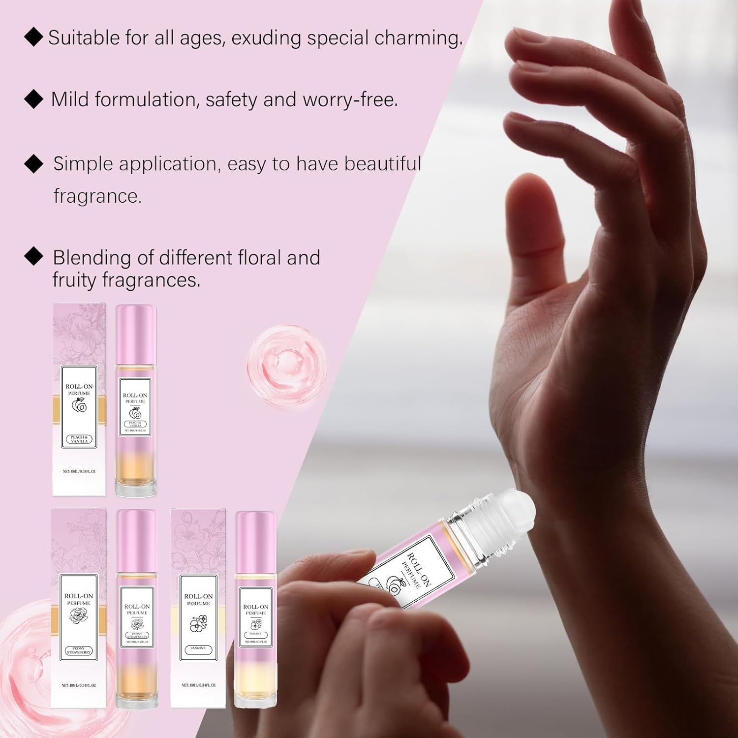 Perfume for Women, Roller-On Perfume, Long-Lasting Refresh Fragrance with Floral & Fruity, Convenient to Carry, Charming Ladies' Fragrance Oil, Gentle Scents for All Skin Types (2Pcs Peony) - 1Pcs Jasmine image number 2