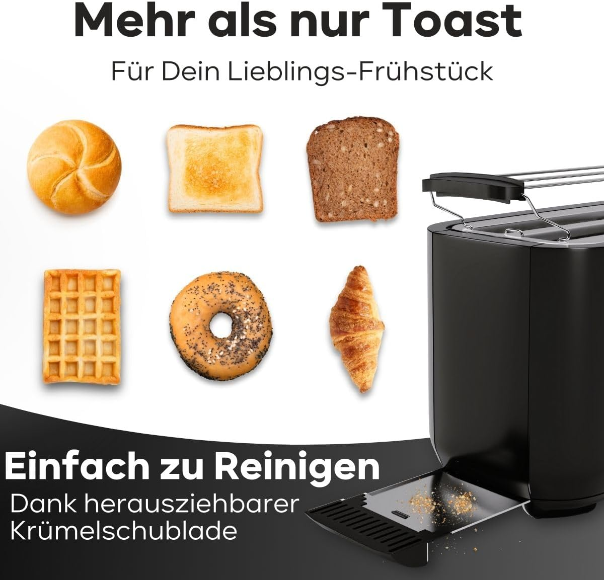 Clatronic TA3802 1400 W Black 2 Long Slot Toaster &ndash; Defrosting, Warming, Automatic Shutdown, Adjustable Browning Level, Crumb Tray, Non-Slip Feet image number 6