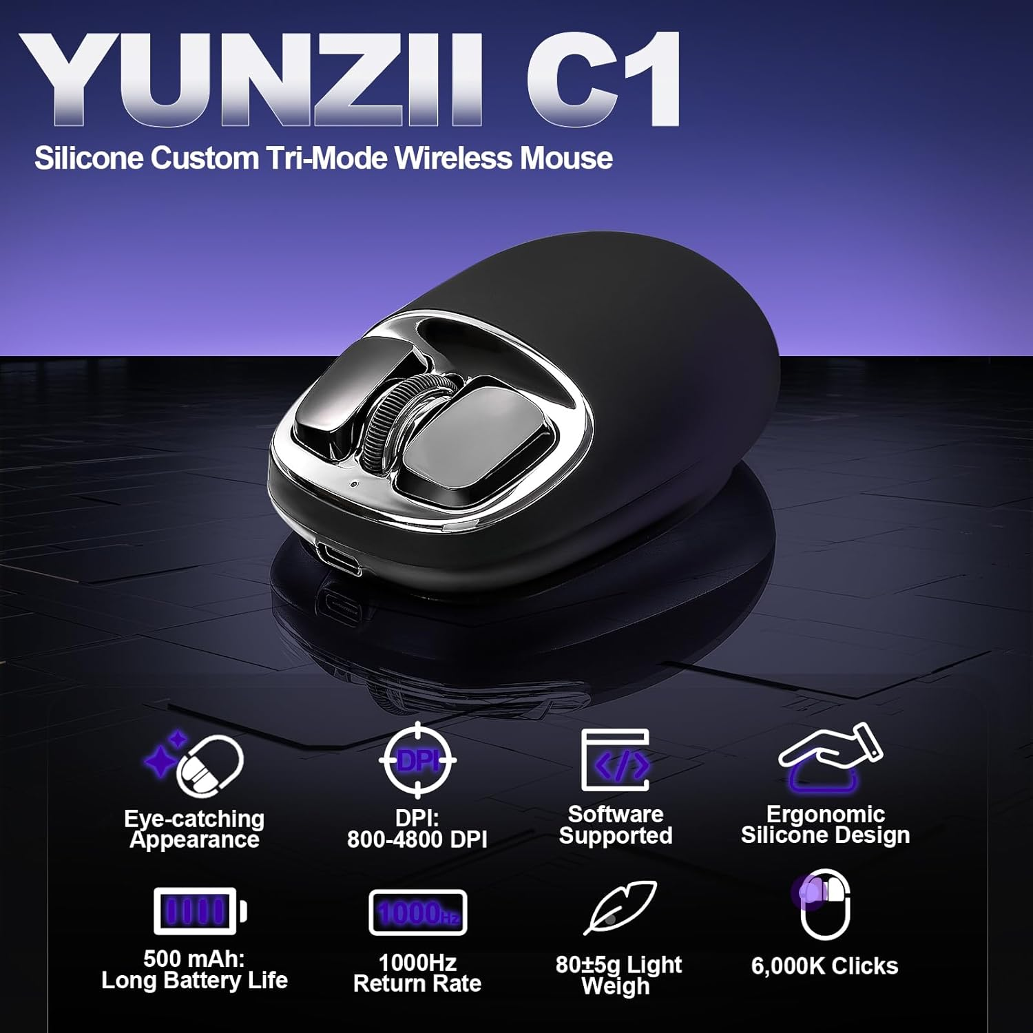 YUNZII C1 Silicone Wireless Mouse, 4800 DPI Optical Tracking, 6 Adjustment Levels, Tri-Mode 2.4G/Usb-C/Bluetooth Mouse, Customize Mice for Laptop, Computer, Ipad, Macbook (Black Silver) image number 2
