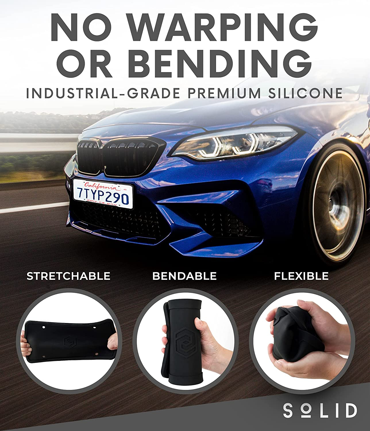 Silicone Black License Plate Frame Covers 2 Pack- Front and Back Car Plate Bracket Holders. Rust-Proof, Rattle-Proof, Weather-Proof (Black) - Black image number 3