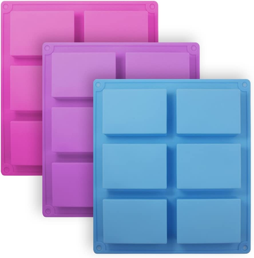 3 Pieces Rectangle Silicone Soap Molds, SENHAI 6-Cavity Cake Loaf Bread Baking Pans, Chocolate Cheesecake Cornbread Handmade Trays - Pink, Blue, Purple image number 5