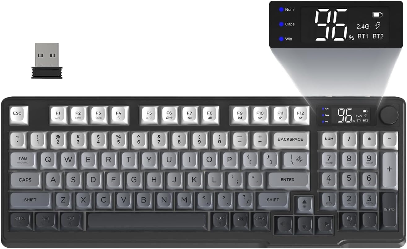 FREEWOLF M96 Wireless Gaming Keyboard Creamy Membrane with Rainbow Backlight,Media Knob,Lcd Screen,Dual Mode-Bluetooth/2.4Ghz,Ball Shape PBT Keycap 94 Key ANSI Layout for Win Mac PC Gamer(Moonlight) image number 4