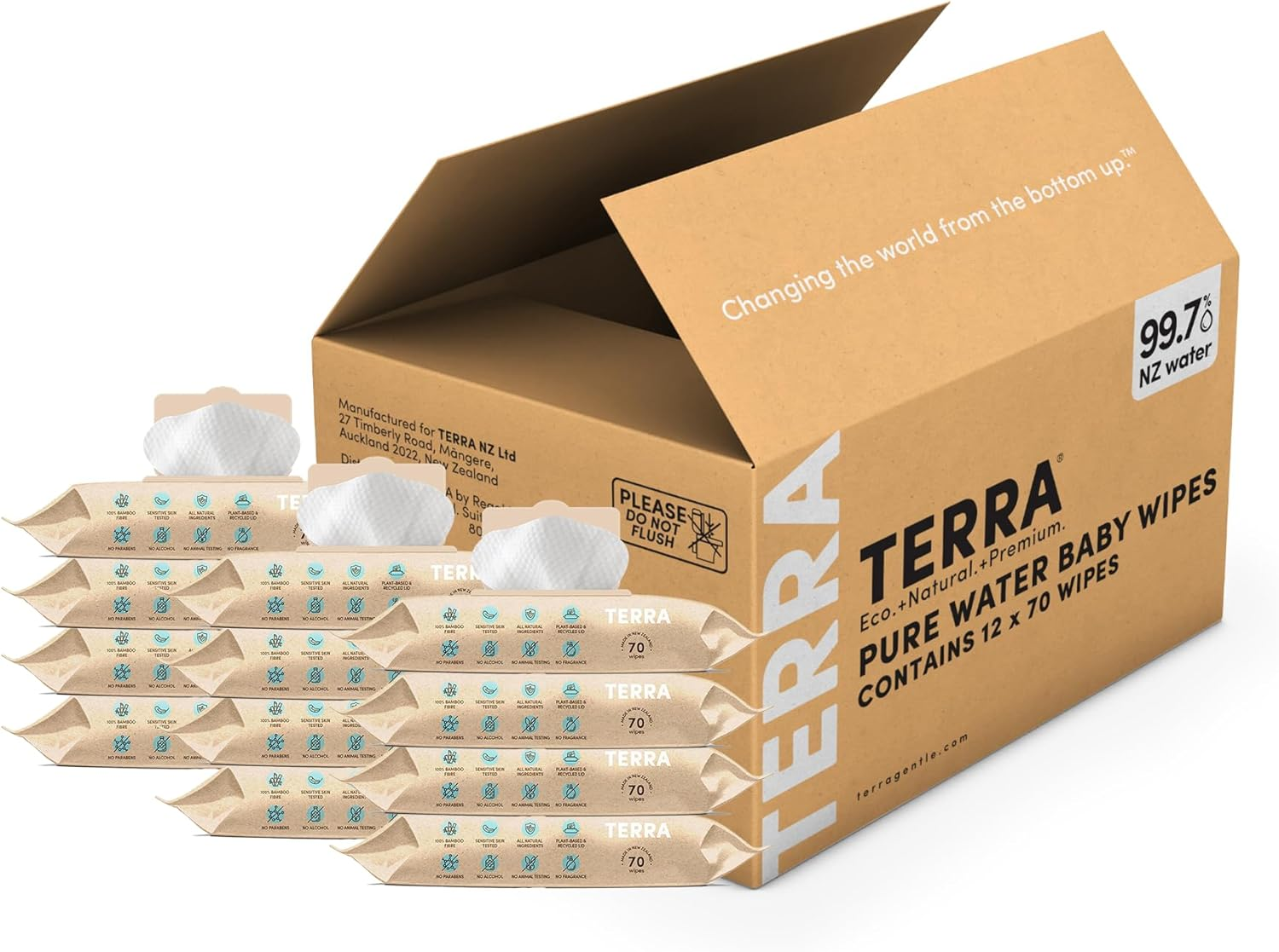 Terra Bamboo Baby Pure Water Wipes &ndash; 99.7% Pure New Zealand Water, 100% Biodegradable Bamboo Fiber, 0% Plastic, Unscented, Suitable for Sensitive Skin &ndash; 12 Packs (840 Wipes) image number 5