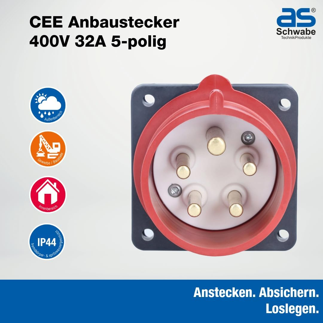 As - Schwabe 60444 Mounted Plug with Sealing Ring 400 V/32 A, 5-Pin IP44, Made in Germany, Red image number 4
