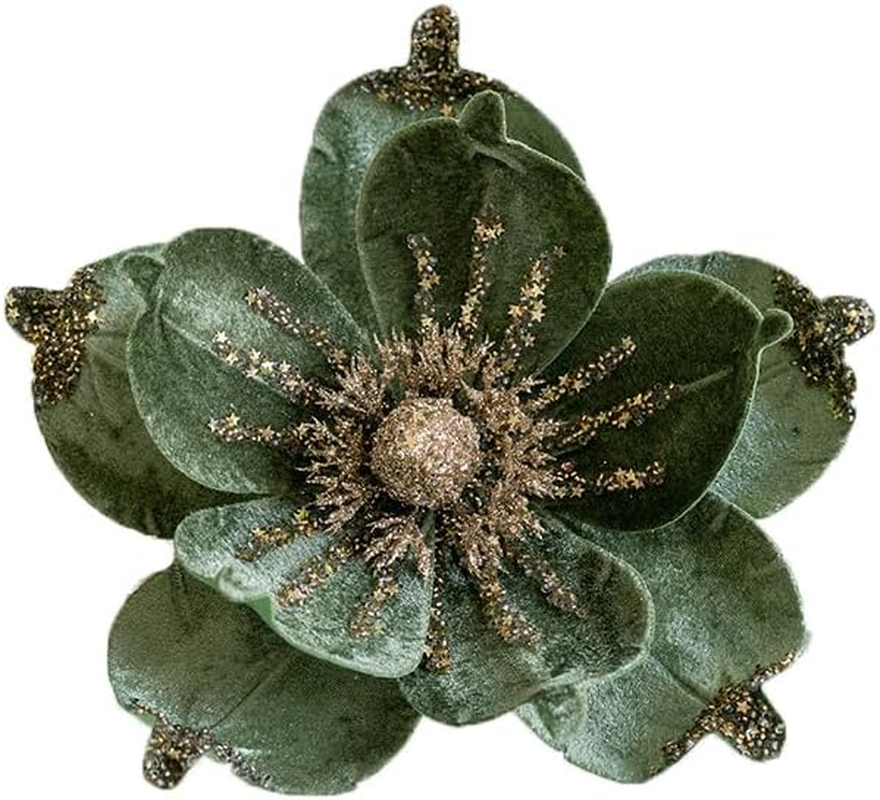 6 Pcs Christmas Glitter Magnolia Flower Artificial Poinsettia Magnolia Flowers with Stem 9.4Inch Christmas Tree Magnolia Flowers for Xmas Wedding Holiday Decor Wreath Garland Photo Prop (Green)