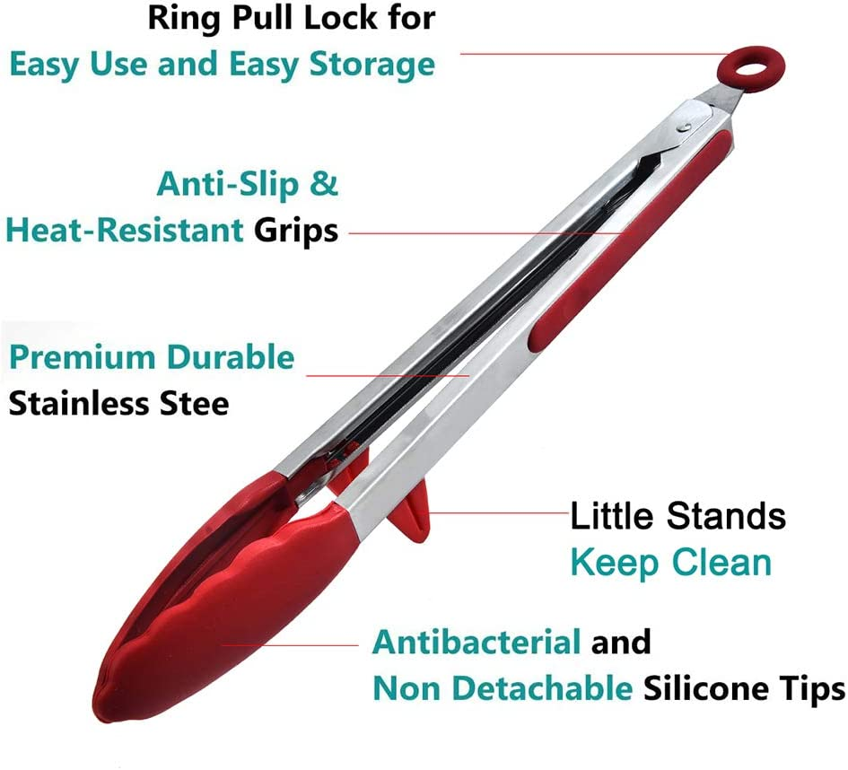 Kitchen Tongs for Cooking with Silicone Tips, Premium Stainless Steel Locking Kitchen Tongs with Stand for Baking, BBQ and Salad (12-Inch & 9-Inch Tong, plus 8-Inch Pastry Brush, Red) image number 1