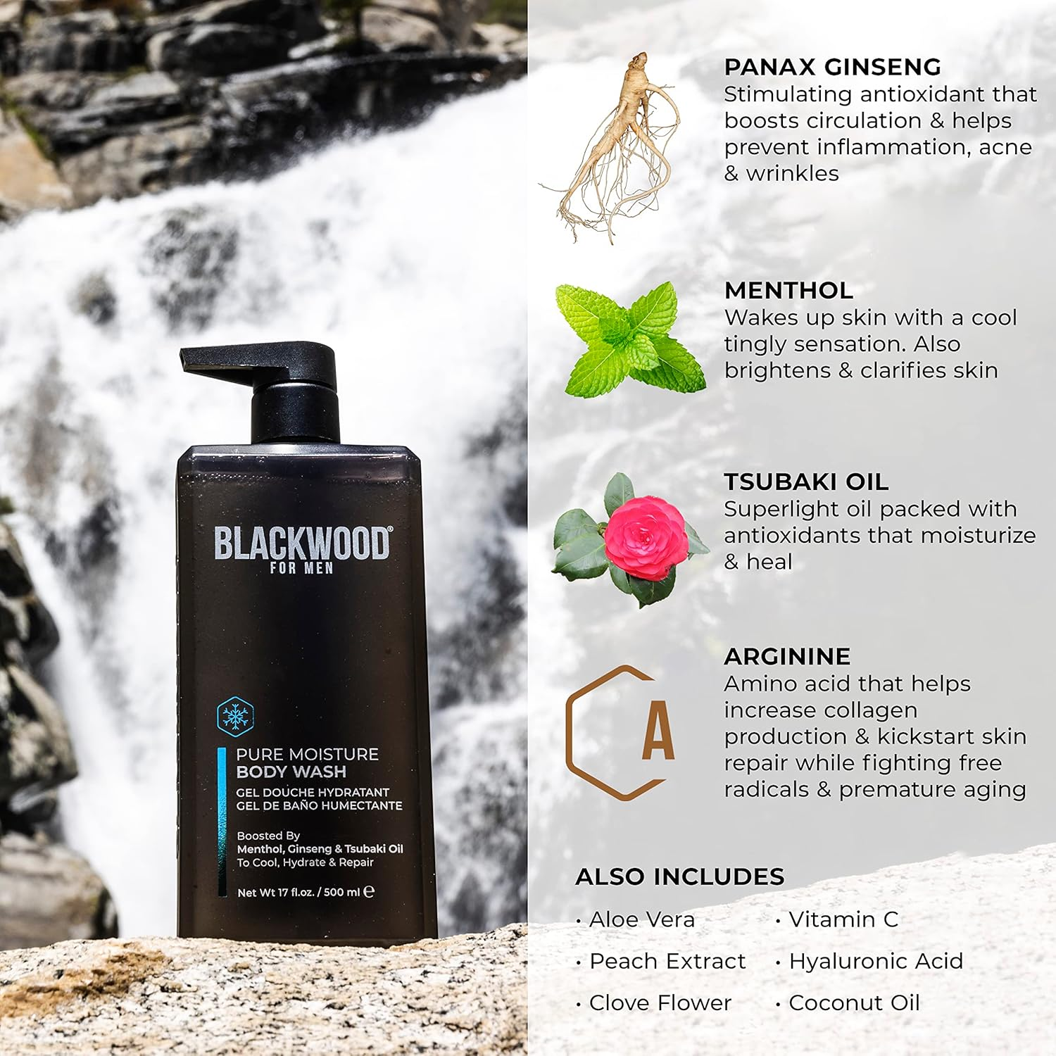 Blackwood for Men Pure Moisture Body Wash - Infused with Ginseng & Menthol - Natural Cleanser for Dry or Sensitive Skin - Ideal for Workout Recovery - Sulfate Free, Dye Free & Vegan (17 Oz) image number 3