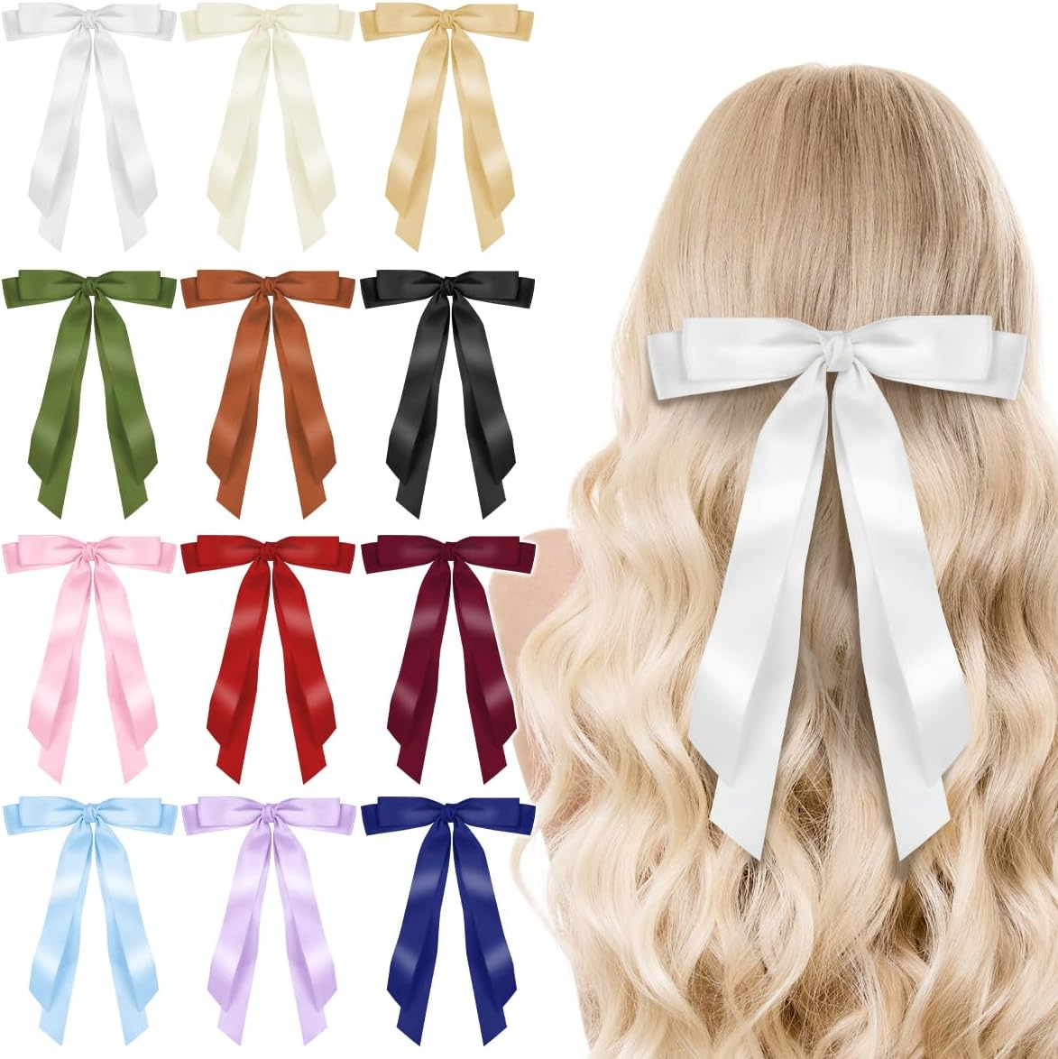 Pack of 12 Hair Bands Bow Clips for Women, Silky Satin Hair Bows Hair Clip, Solid Colour French Barrette with Long Tail, Bowknot Hair Accessories for Girls Lolita Party Gift image number 5