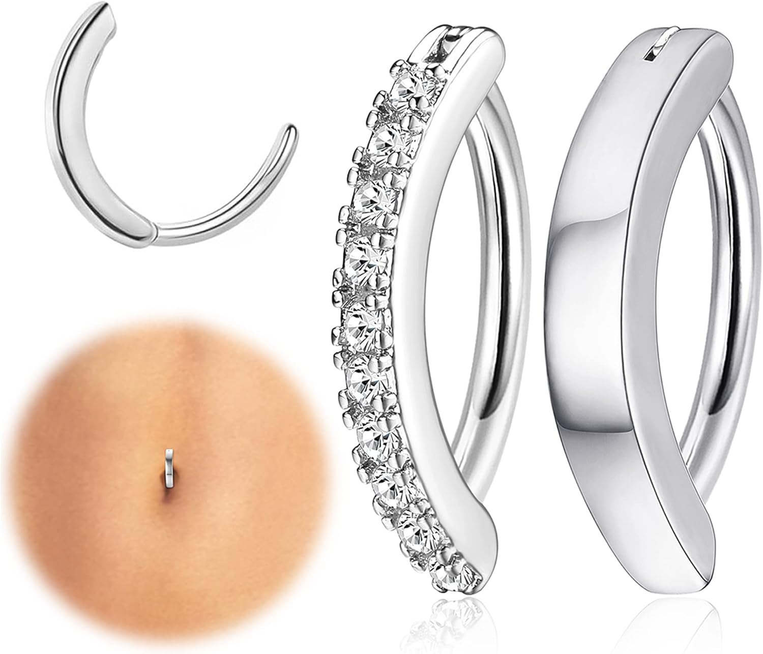 Kakonia 2Pcs 14G Clicker Belly Button Ring for Women Surgical Steel CZ Opal Belly Ring Simple Reverse Navel Rings Body Jewelry image number 5