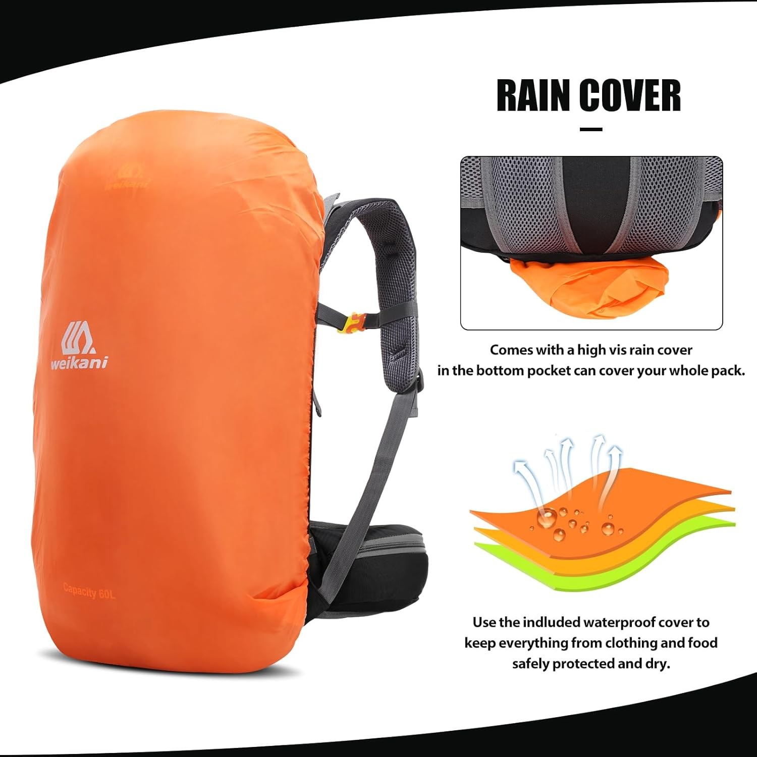 VYNTEL 60L Hiking Backpack with Rain Cover, Unisex Large Outdoor Climbing Backpack for Men & Women, Multi Compartments Camping Rucksack, Adjustable Trekking Bag for Travel image number 6