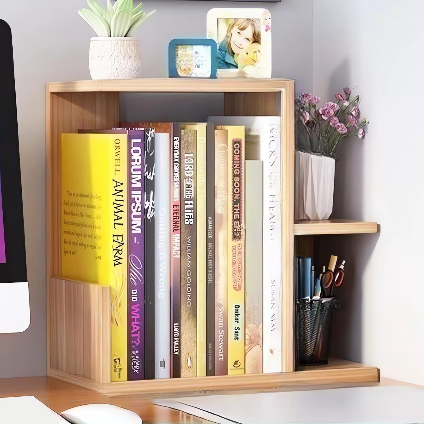 Hbluefat Small Desktop Shelf Organizer, Mini Wood Bookshelf Storage Rack, Multi-Functional Countertop Display Bookcase for Home Office School (White)