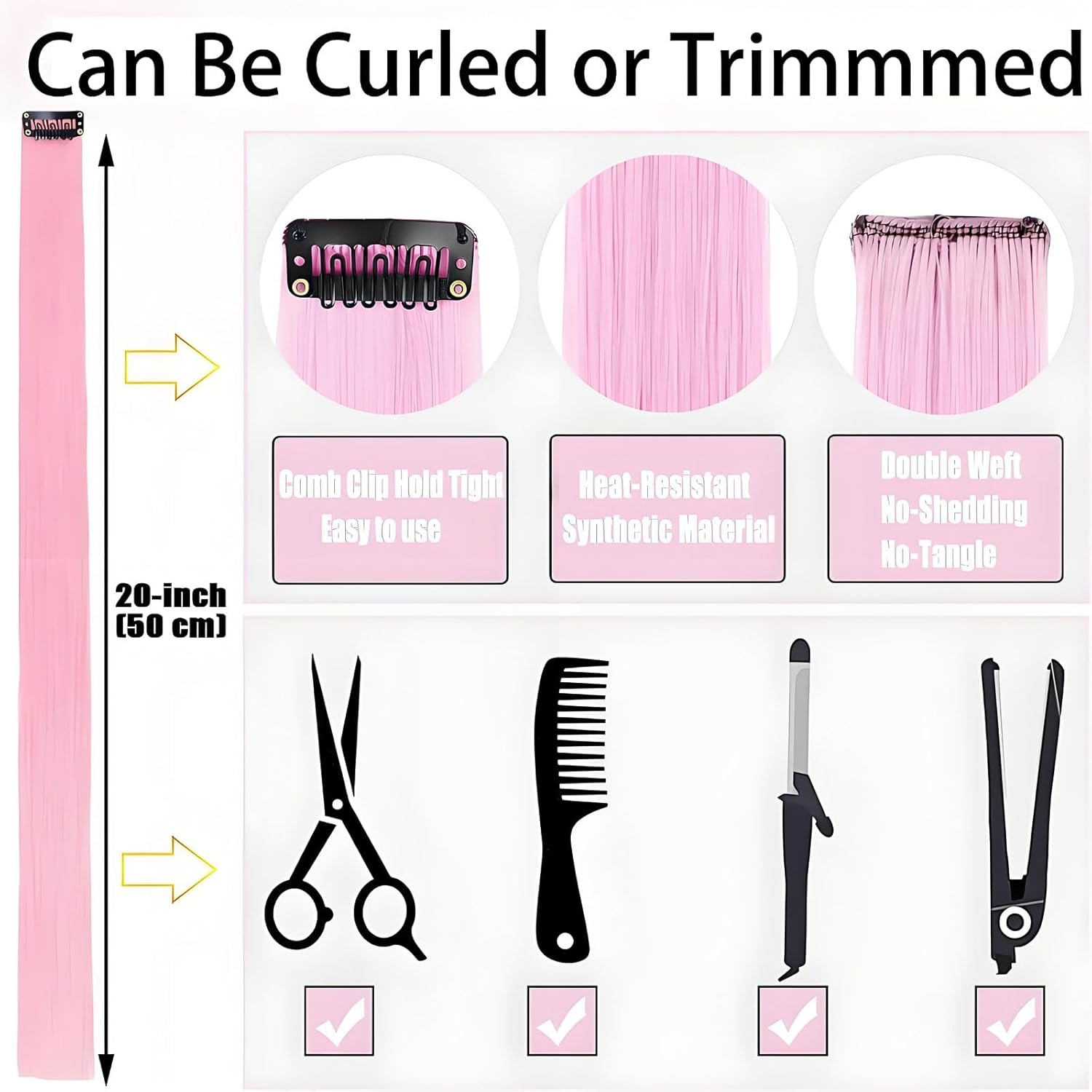 16 PCS Pink Colored Hair Extensions, 20 Inch Straight Synthetic Clip in Highlight Colorful Hair Pieces for Women Grils image number 3