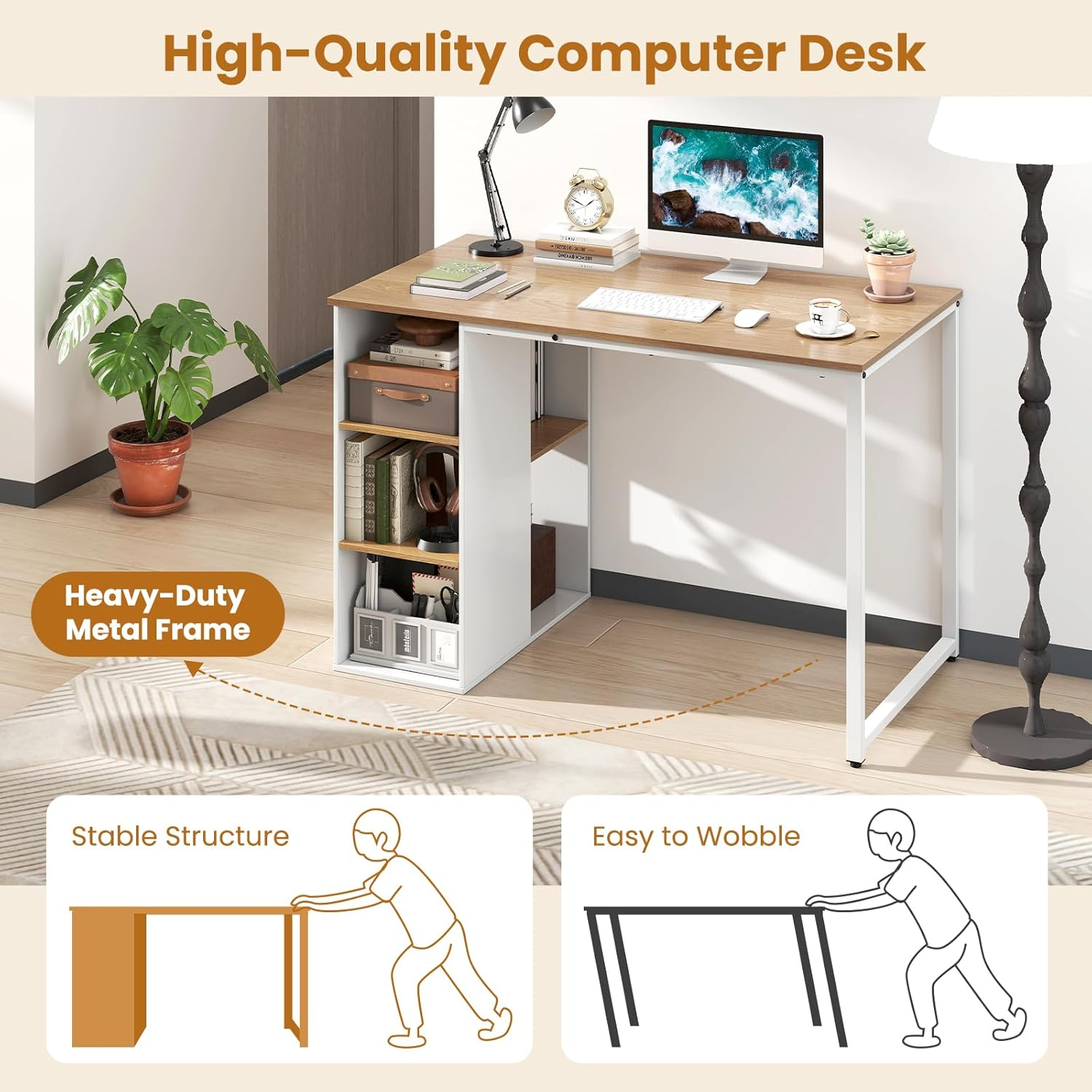 Giantex 115Cm Computer Desk, Modern Home Office Desk with 5 Storage Compartments, Multipurpose Writing Desk PC Workstation, Laptop Desk with Heavy-Duty Metal Frame for Study Room, Bedroom image number 4