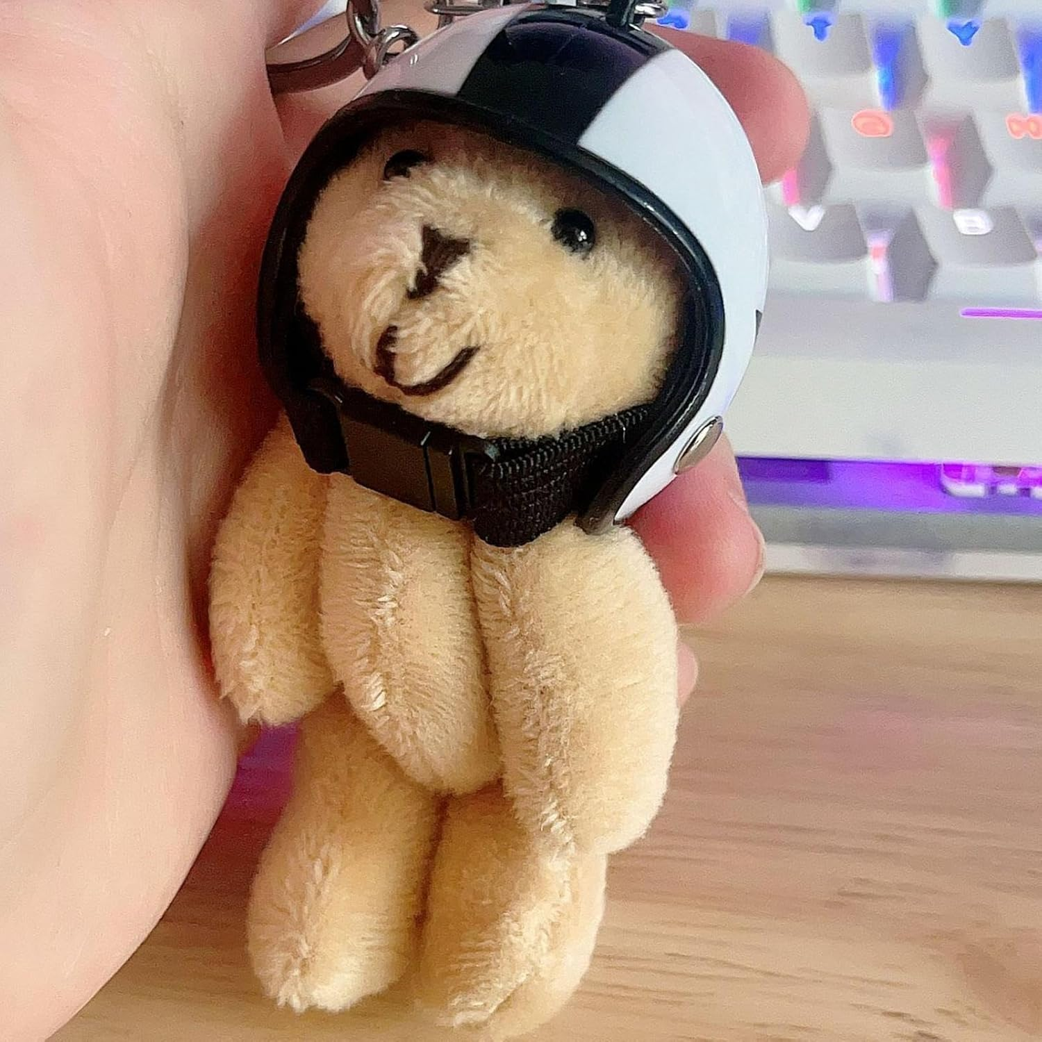 Cute Bear Keychain, Bear Stuffed Animal Keychain with Helmet, Stylish Pendant, Key Chain for Travel Schoolbag Women Wallet - Black And White image number 2