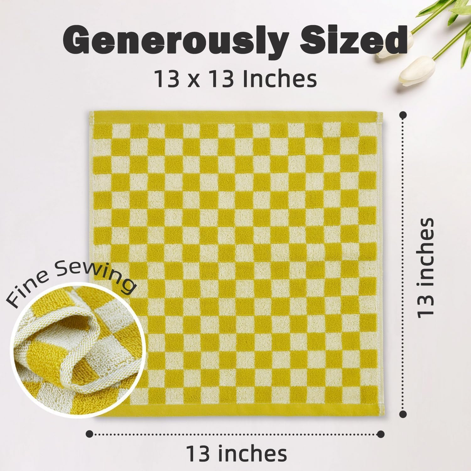 Jacquotha Quick Drying Washcloths - Pack of 12, 13X13 Inches, 100% Cotton Wash Cloths for Showering Spa Kitchen, Yellow Checkered Face Cloths - Orange image number 4