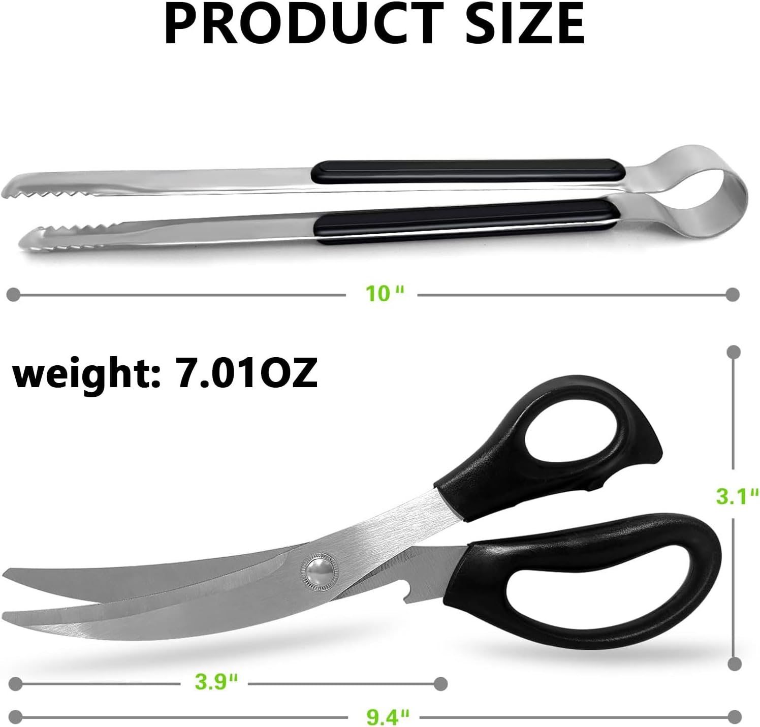 Kitchen Scissors and Tongs Set, Stainless Steel Multipurpose BBQ Shears for Cutting Meat, Chicken, and Vegetables, Non-Slip Serrated BBQ Scissors with Cooking Tongs for Grilling image number 1