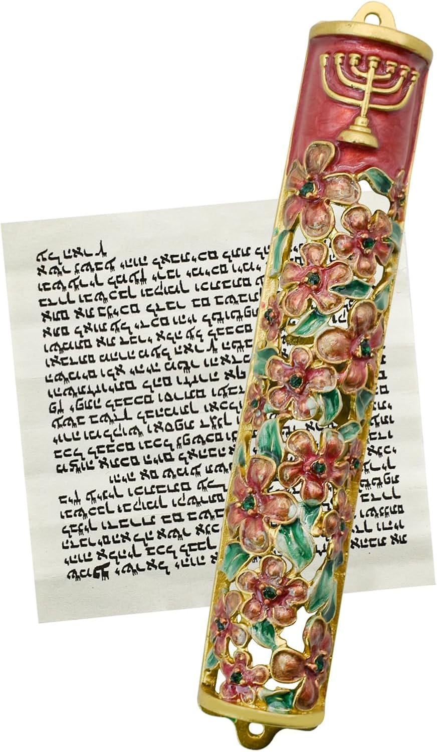 Mrmrkura Mezuzah with Scroll for Door, Enamel&Zinc Alloy Blessing Mezuzah Case, Colored Painted Mezuzha Scroll Kosher for Jewish Gifts/Jewish Decor, Christmas (Red and Gold)