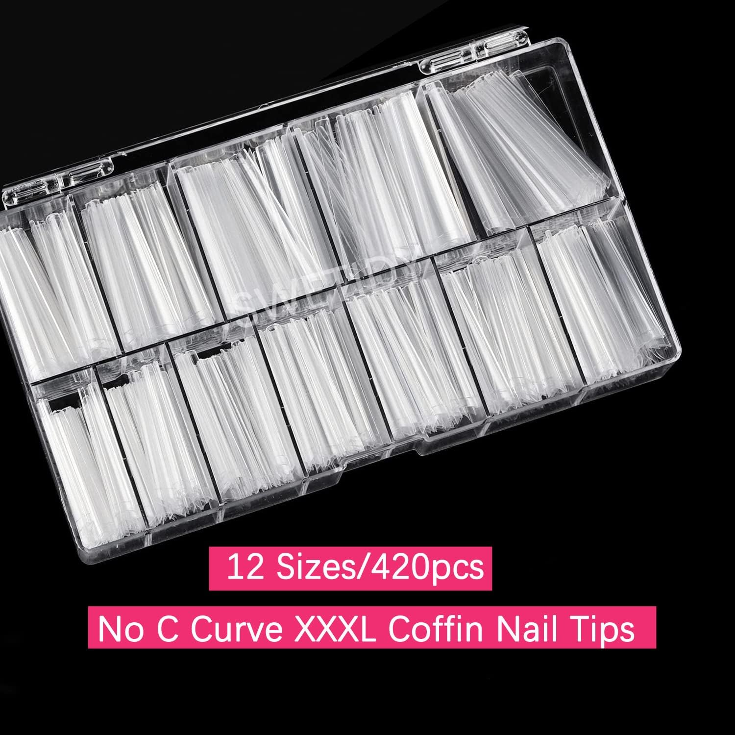 No C Curve 3XL Long Coffin Nail Tips, 420Pcs Clear Acrylic Coffin Shape SWETIDY Flattened Half Cover False Nails for Salon&Home DIY French ABS Nail Art Tips,12 Sizes image number 3