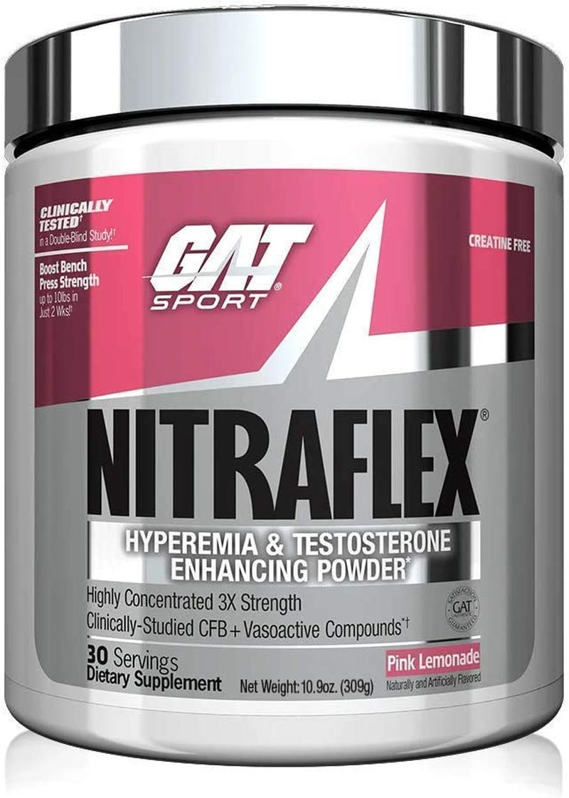 GAT - Nitraflex - Testosterone Enhancing Powder, Increases Blood Flow, Boosts Strength and Energy, Improves Exercise Performance, Creatine-Free (Pink Lemonade, 30 Servings)