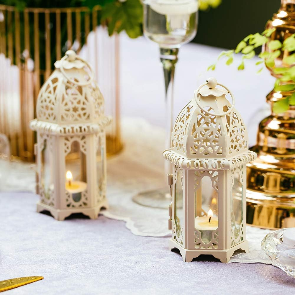 NUPTIO 2 Pcs Moroccan Style Candle Lantern - Small Sized Tealight Candle Holder with Transparent Glass Panels Great for Patio, Indoors/Outdoors, Events, Parties and Weddings, White image number 5