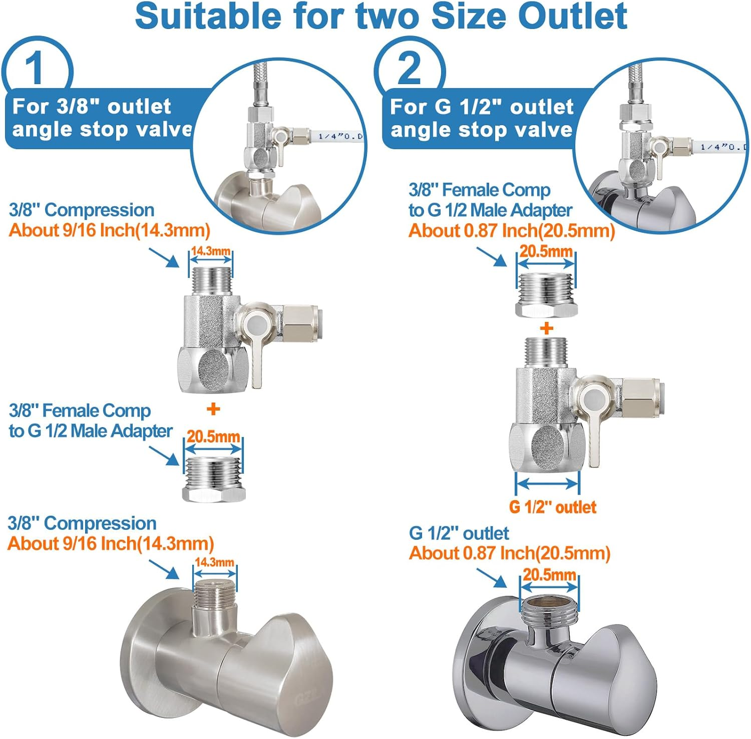 HAOCHEN Feed Water Adapter - Water Line Splitter 3/8"X3/8"X1/4" or G 1/2"Xg 1/2"X1/4", Brass Water Supply Valve with 1/4" Push in Quick Connect Fitting for RO Filter，Refrigerator,Ice Maker image number 1