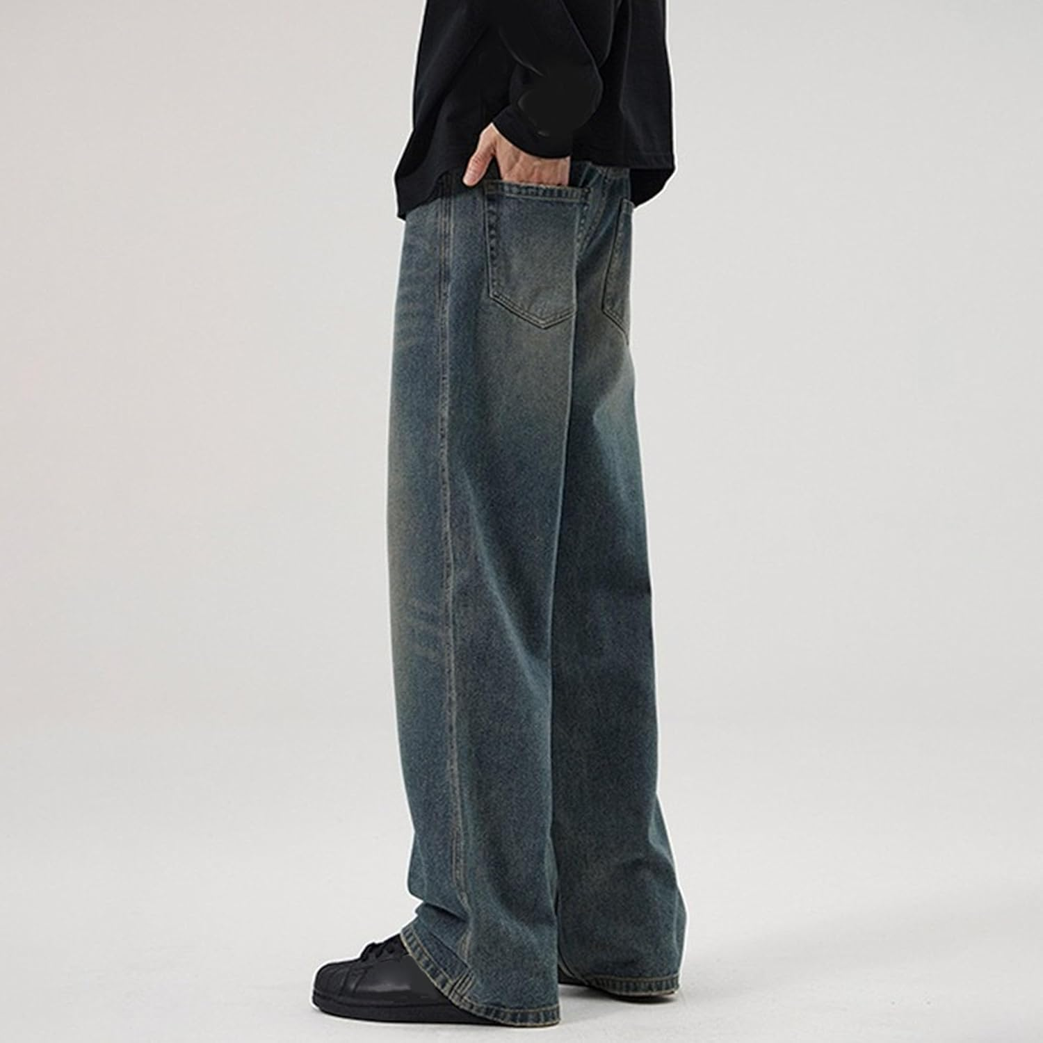 Men Loose Fit Skateboard Denim Pants Vintage Relaxed Fit Denim Trousers Baggy Y2K Hip Hop Jean Pants, Blue 1, L image number 1