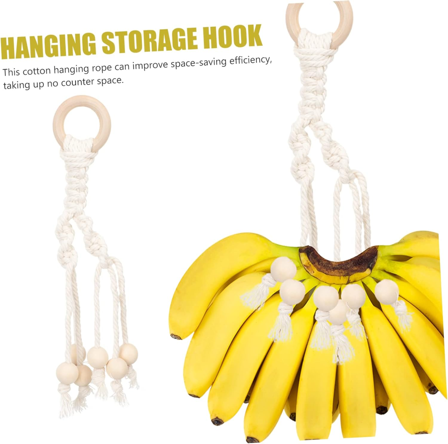 OKUMEYR 2Pcs Macrame Banana Hanger Cotton Rope Wooden Beads Kitchen Fruit Holder under Cabinet Hanging Storage for Home Decor image number 4