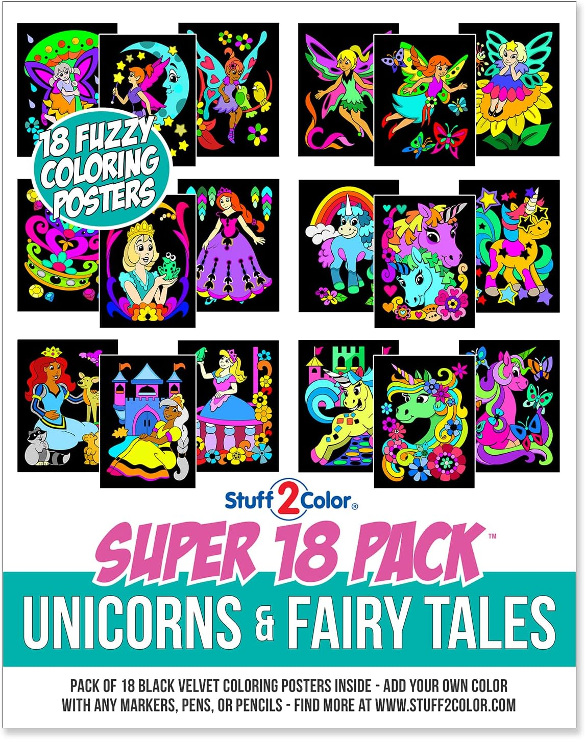 Stuff2Color Super Pack of 18 Fuzzy Coloring Posters (Unicorns & Fairy Tales Edition) (8.60 X 10.90 Inches) image number 1