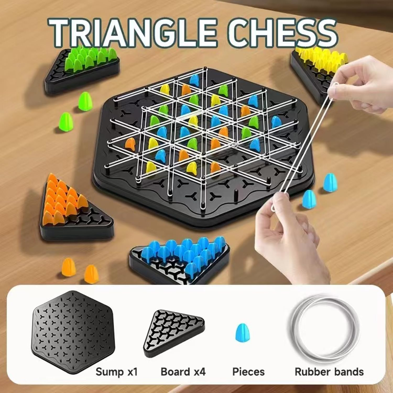 Chain Triangle Chess Game, Triggle Board Game,Family Fun Night Chess Set, Triggle Elastic Band Game for Kids & Adults, 2-4 Players, Interactive Brain Teaser