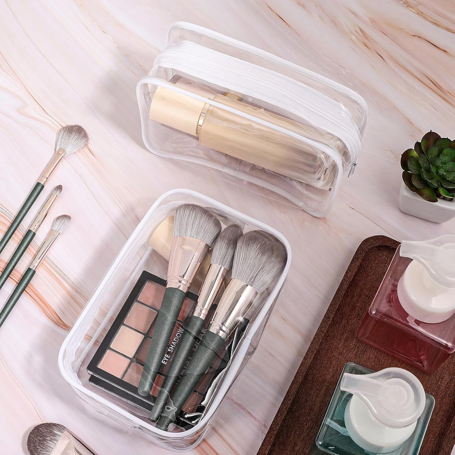 Shuoteng Clear Quart Size Portable Makeup Bags, 3Pcs Clear PVC Zipped Toiletry Pouches, White PVC Quart Size Cosmetic Makeup Bags with Zipper image number 6