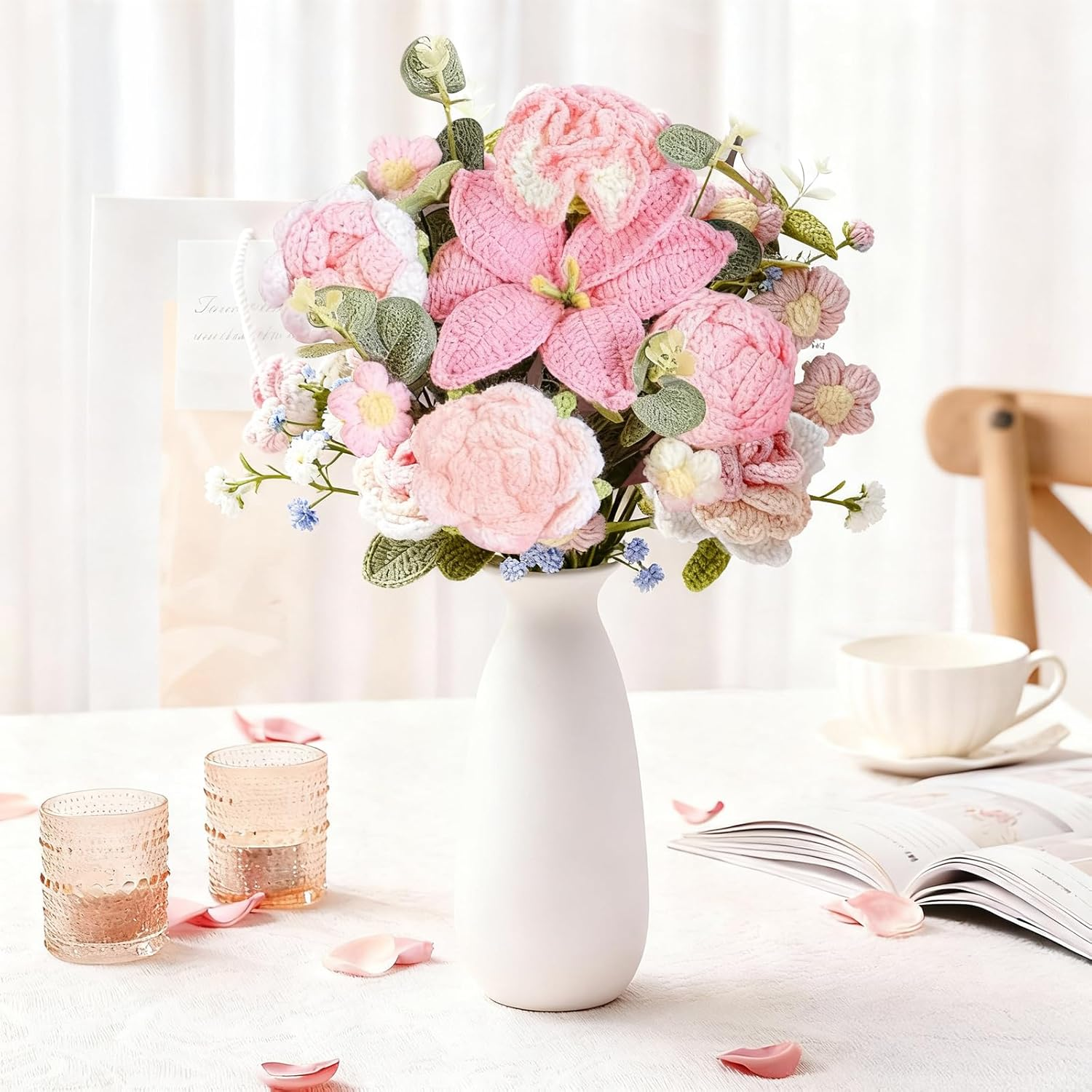 Crochet Flowers Bouquet - Hand Knitted Rose Crochet Flower Bouquet for Home Decor, Weddings, Birthdays, Mother'S Day - Includes Gift Bag and Greeting Card, Faux Crochet Flower image number 6