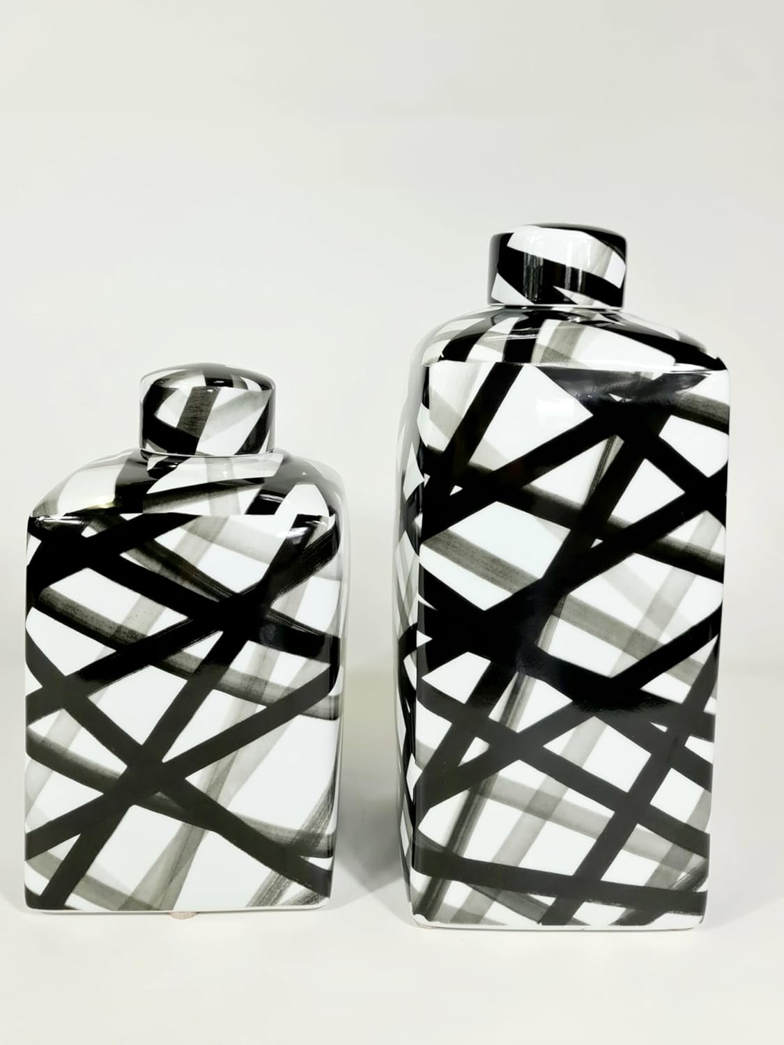 Trojan Homeware Medium Handpainted-Black and White Container, Graphic Black Strips 70% Off image number 1