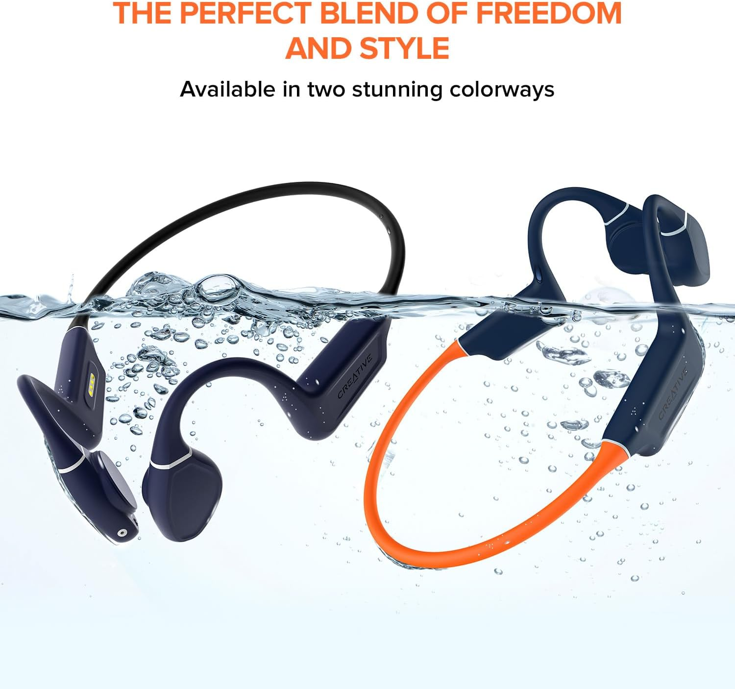 Creative Outlier Free Pro+ Wireless Waterproof Bone Conduction Headphones with Adjustable Transducers, Built-In 8 GB MP3, Multipoint Connectivity, up to 10 Hours of Battery Life, Mic (Blue & Orange) image number 4